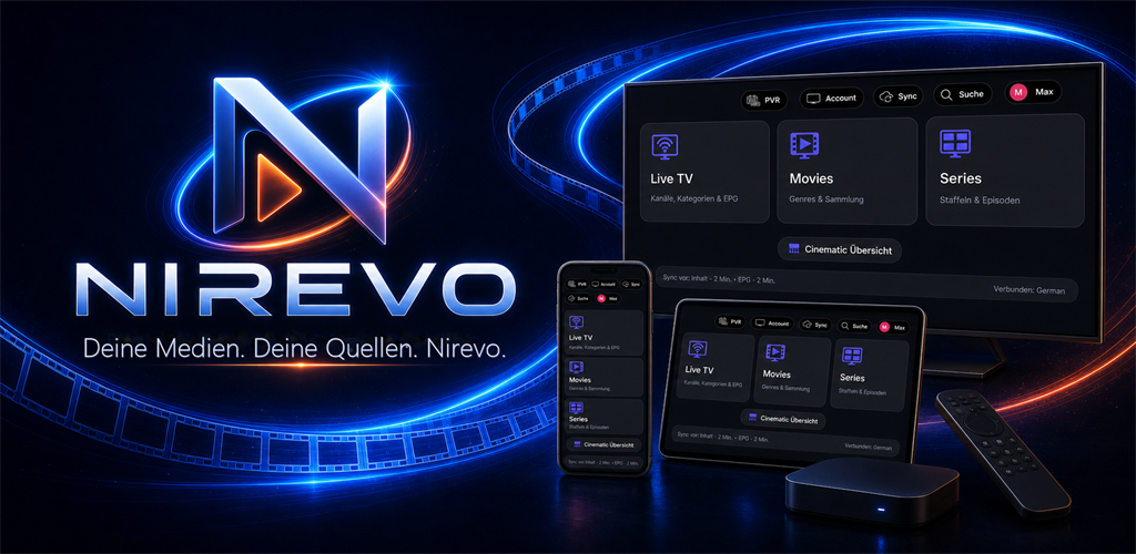 Nirevo IPTV Player auf Fernseher, Smartphone, Tablet und Android-TV-Box